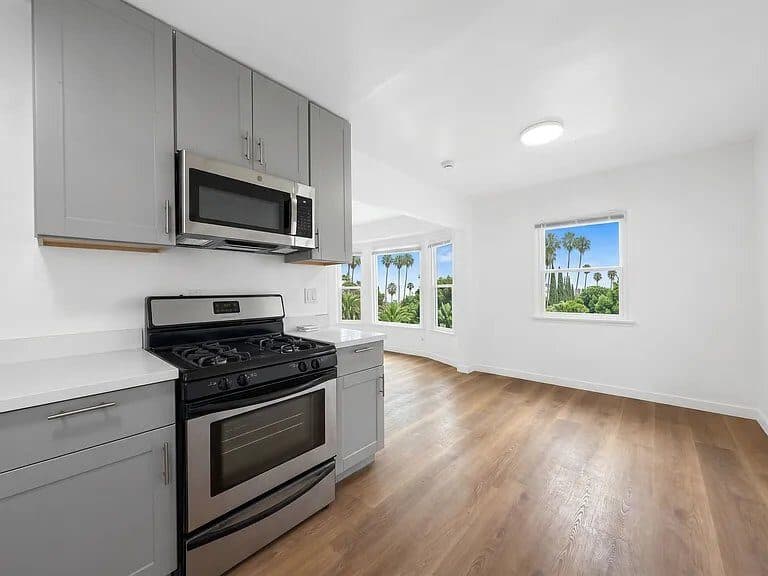 Kitchen with palm tree window